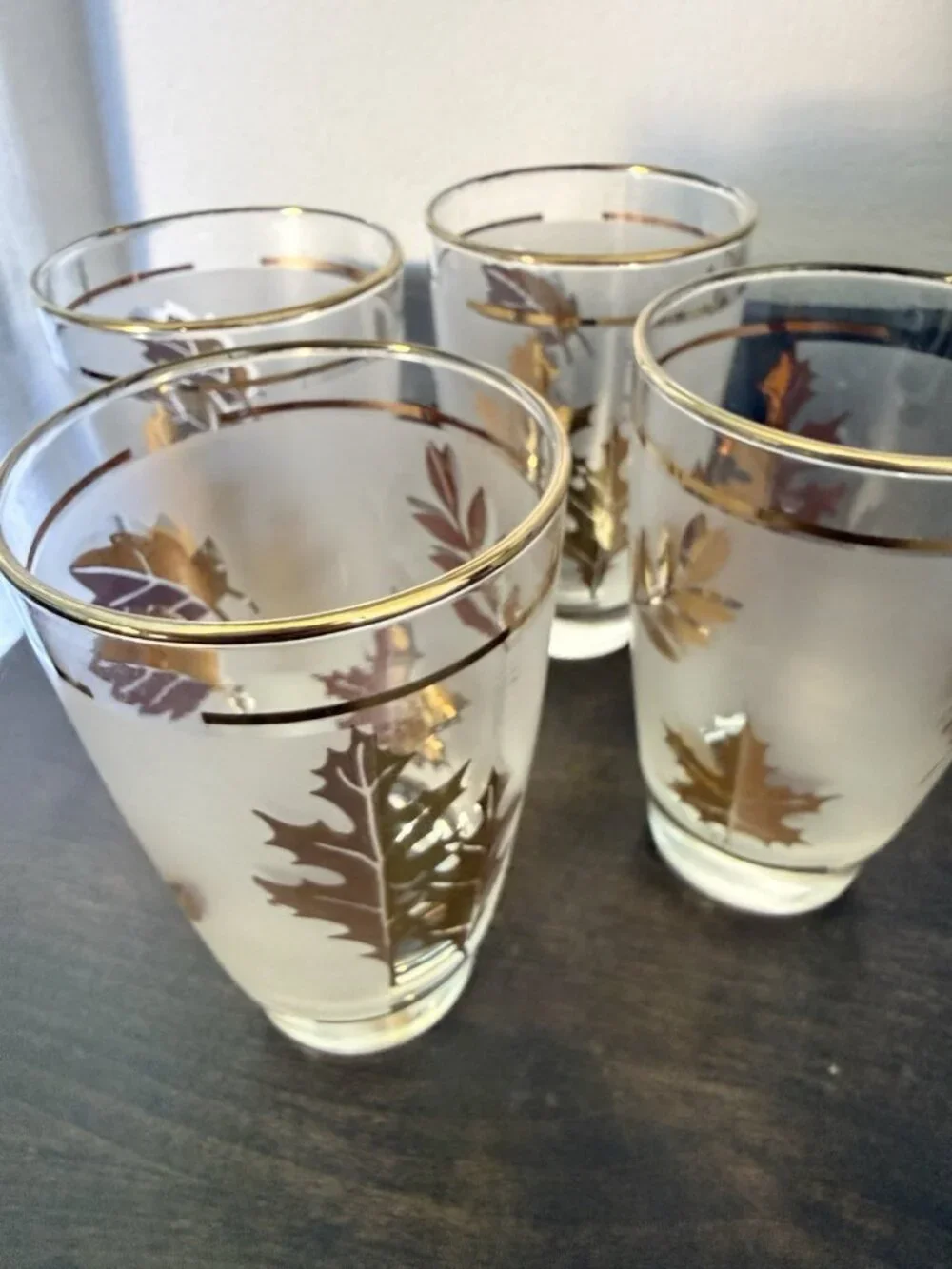 5 Vintage Libby Glass Company Tumblers Golden Foliage Pattern Frost Finish 22K